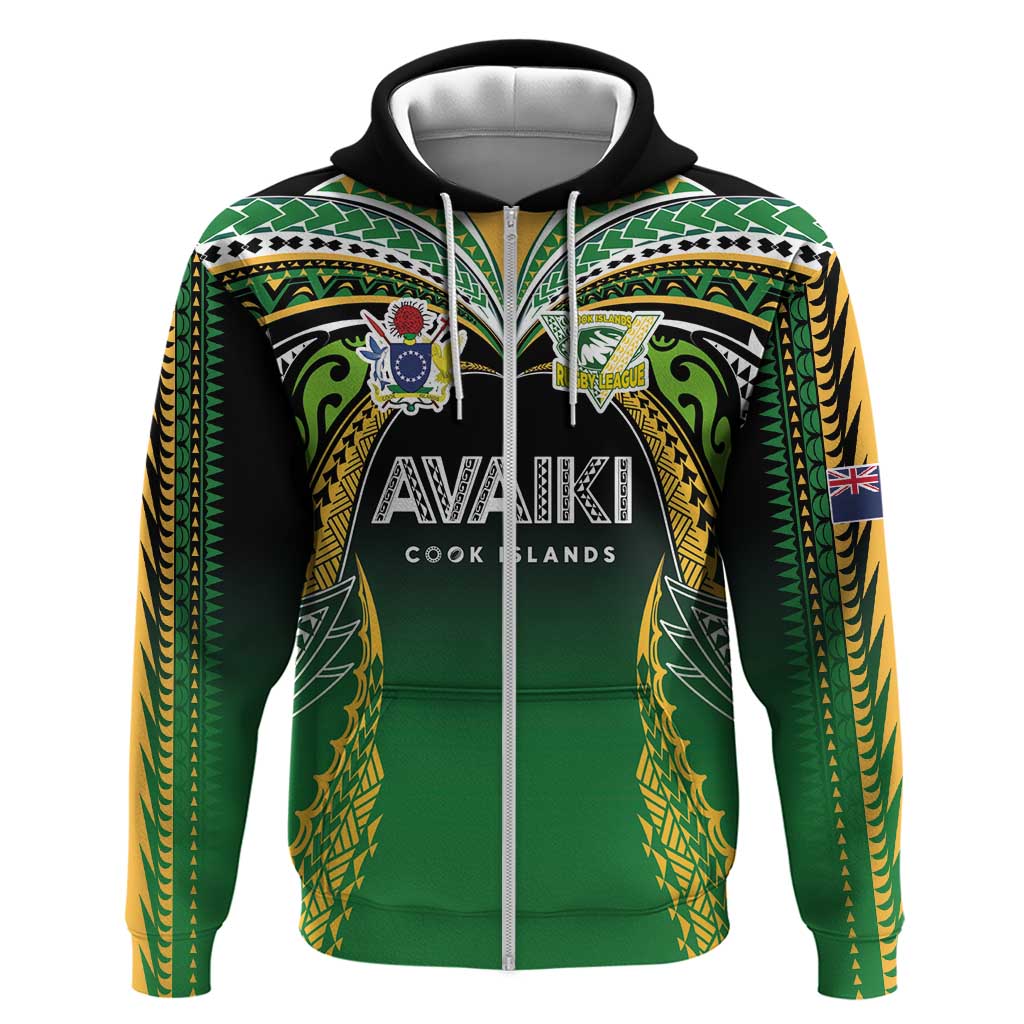 Custom Cook Islands Rugby League Hoodie Avaiki Tatau Tribal Motifs Black Color LT03 Zip Hoodie Black - Polynesian Pride