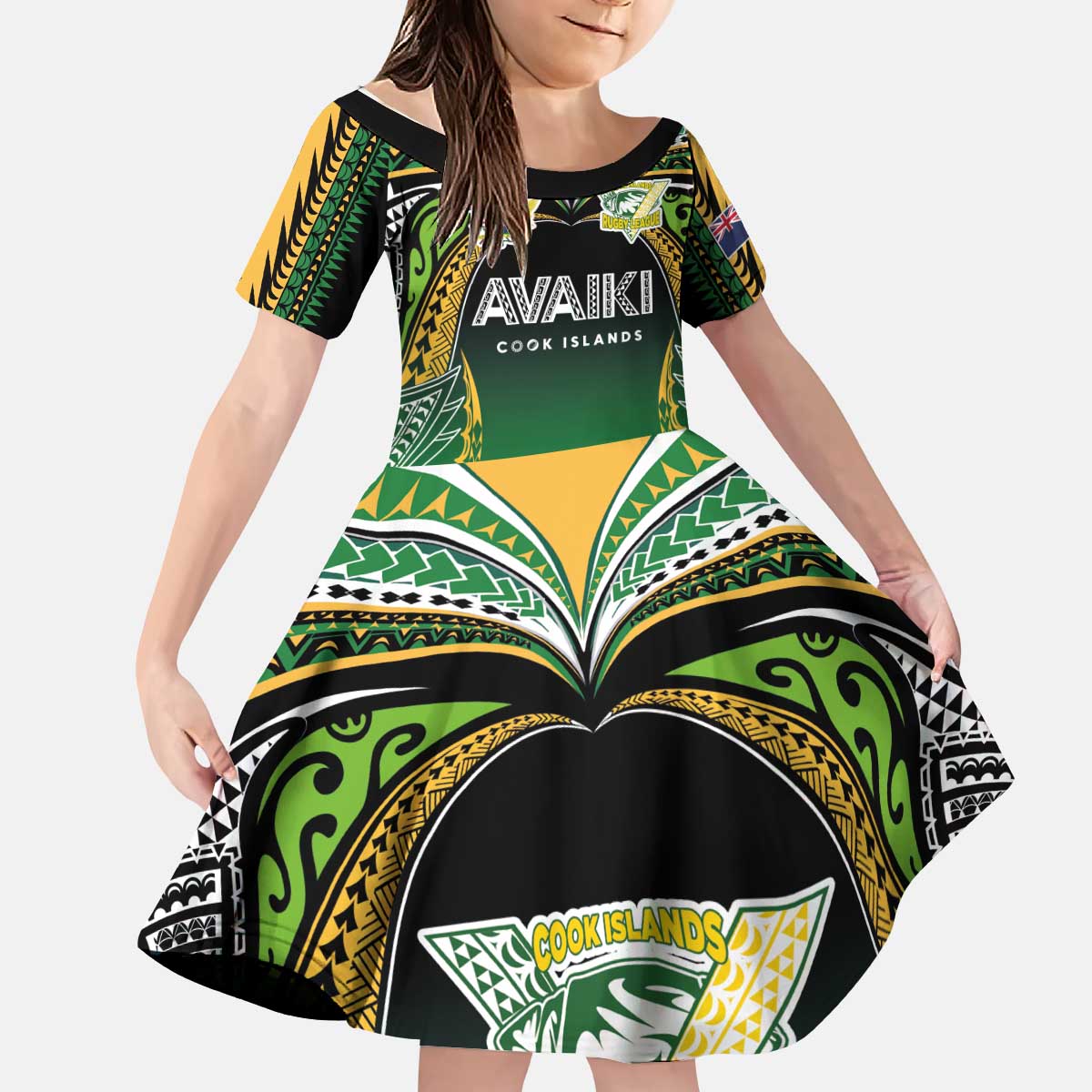 Custom Cook Islands Rugby League Kid Short Sleeve Dress Avaiki Tatau Tribal Motifs Black Color LT03 KID Black - Polynesian Pride