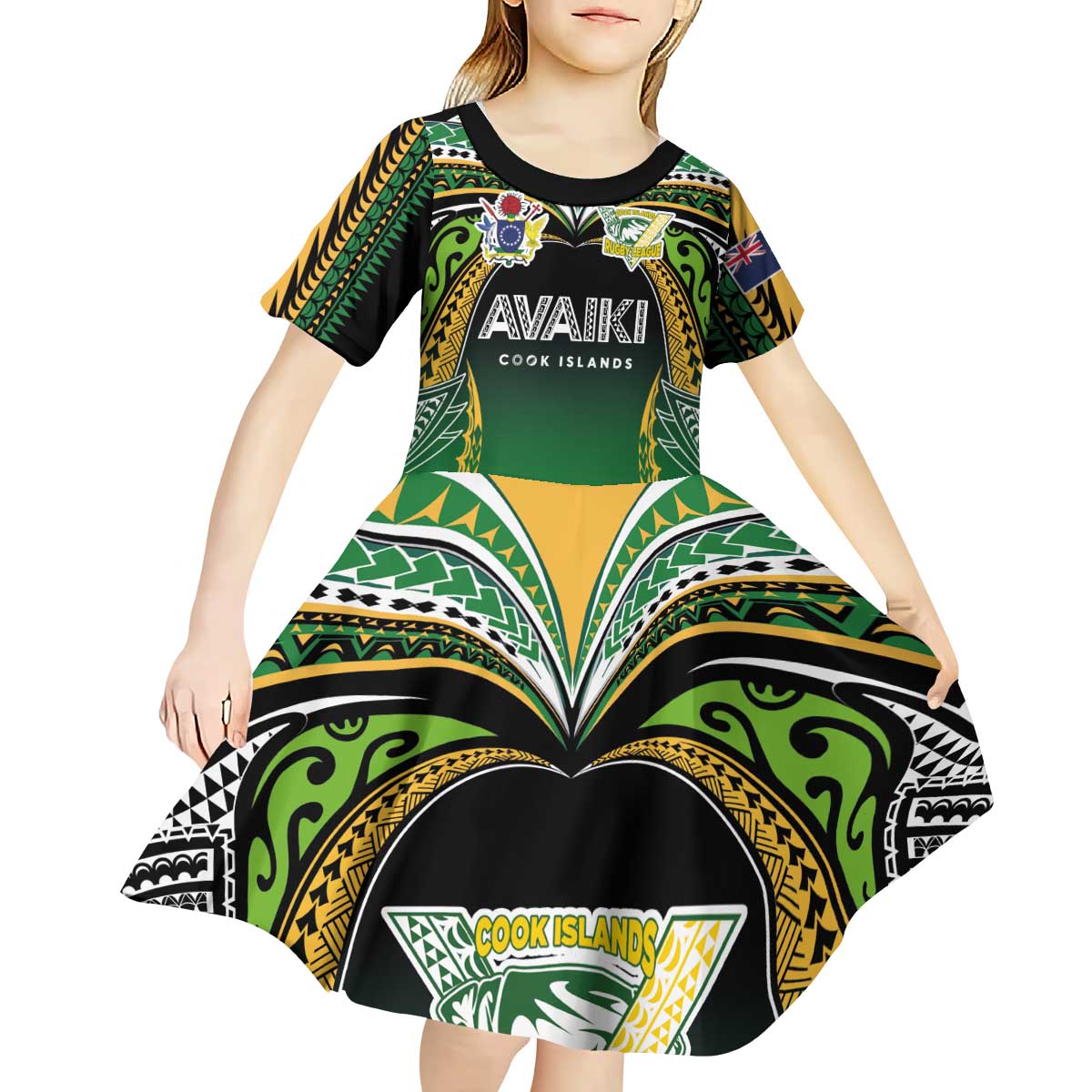 Custom Cook Islands Rugby League Kid Short Sleeve Dress Avaiki Tatau Tribal Motifs Black Color LT03 - Polynesian Pride