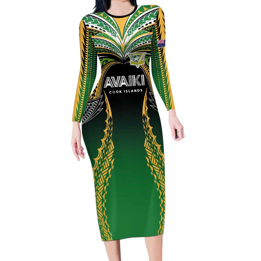 Custom Cook Islands Rugby League Long Sleeve Bodycon Dress Avaiki Tatau Tribal Motifs Black Color LT03 Long Dress Black - Polynesian Pride