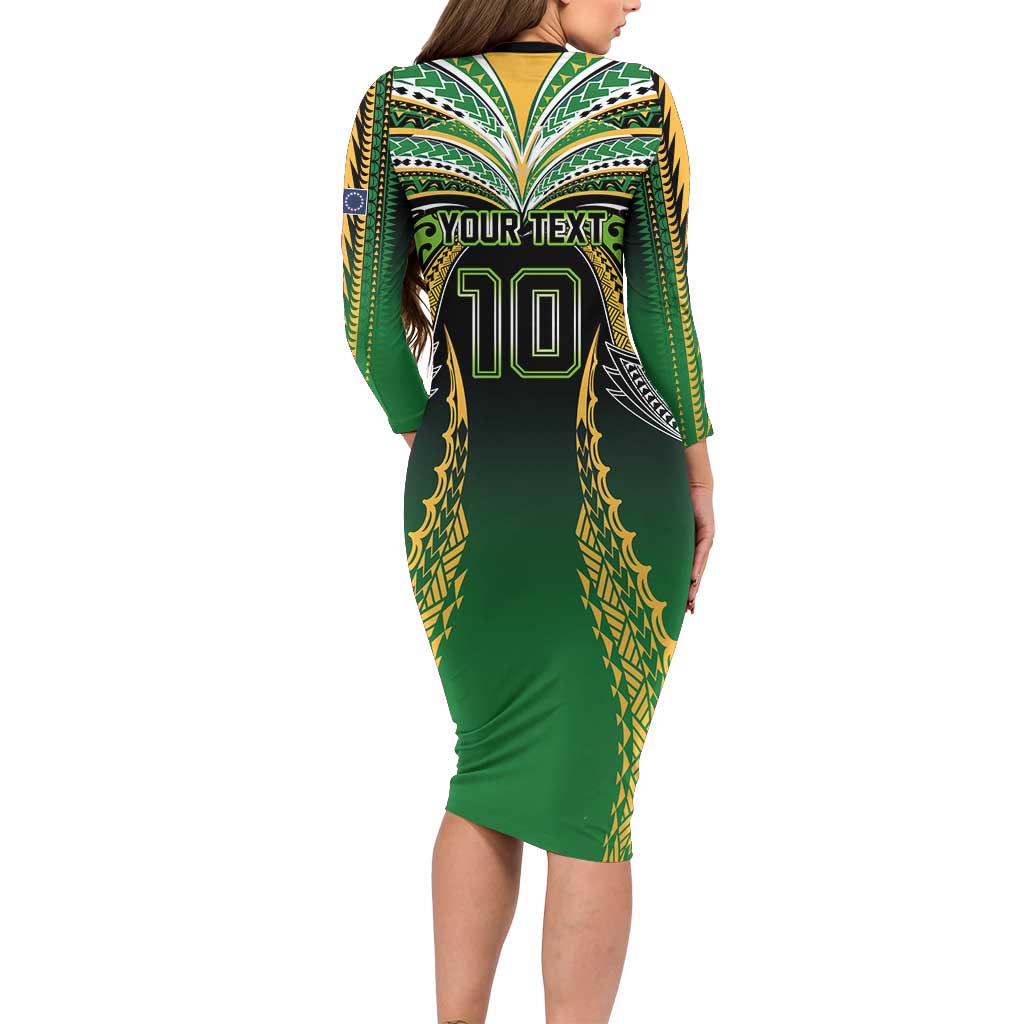 Custom Cook Islands Rugby League Long Sleeve Bodycon Dress Avaiki Tatau Tribal Motifs Black Color LT03 - Polynesian Pride