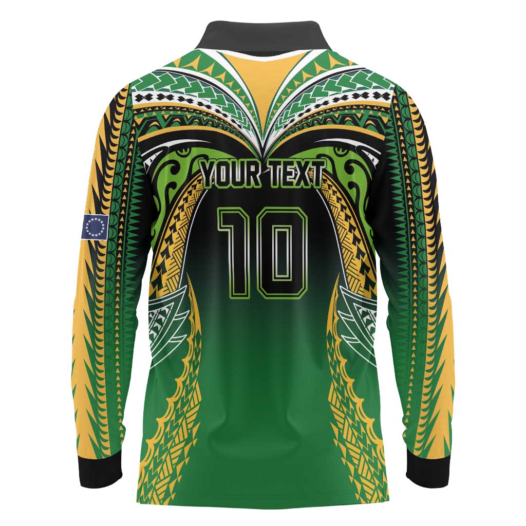 Custom Cook Islands Rugby League Long Sleeve Polo Shirt Avaiki Tatau Tribal Motifs Black Color LT03 - Polynesian Pride