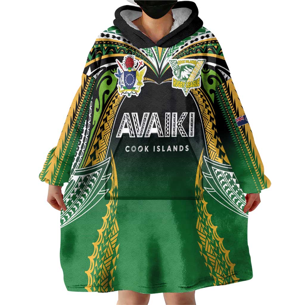 Custom Cook Islands Rugby League Wearable Blanket Hoodie Avaiki Tatau Tribal Motifs Black Color LT03 - Polynesian Pride