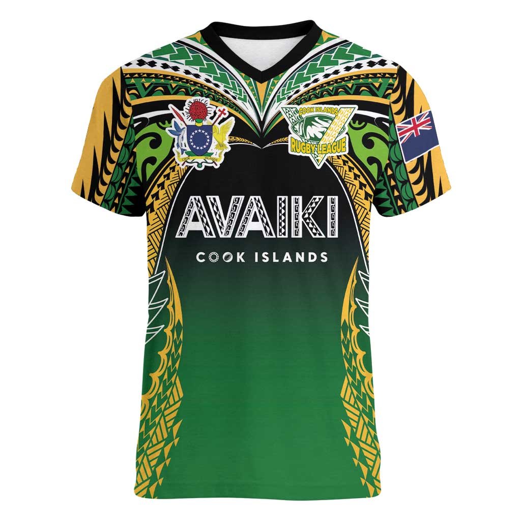 Custom Cook Islands Rugby League Women V-Neck T-Shirt Avaiki Tatau Tribal Motifs Black Color - Polynesian Pride