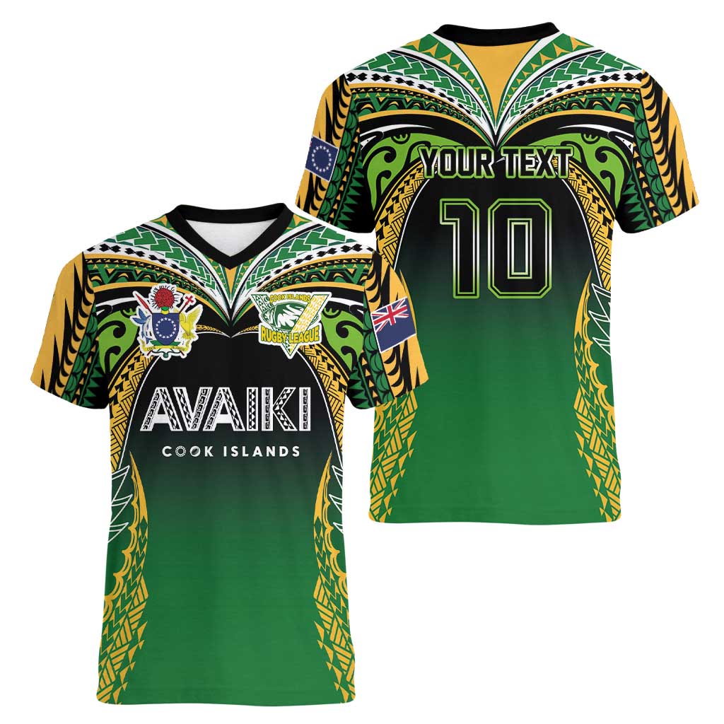 Custom Cook Islands Rugby League Women V-Neck T-Shirt Avaiki Tatau Tribal Motifs Black Color LT03 - Polynesian Pride