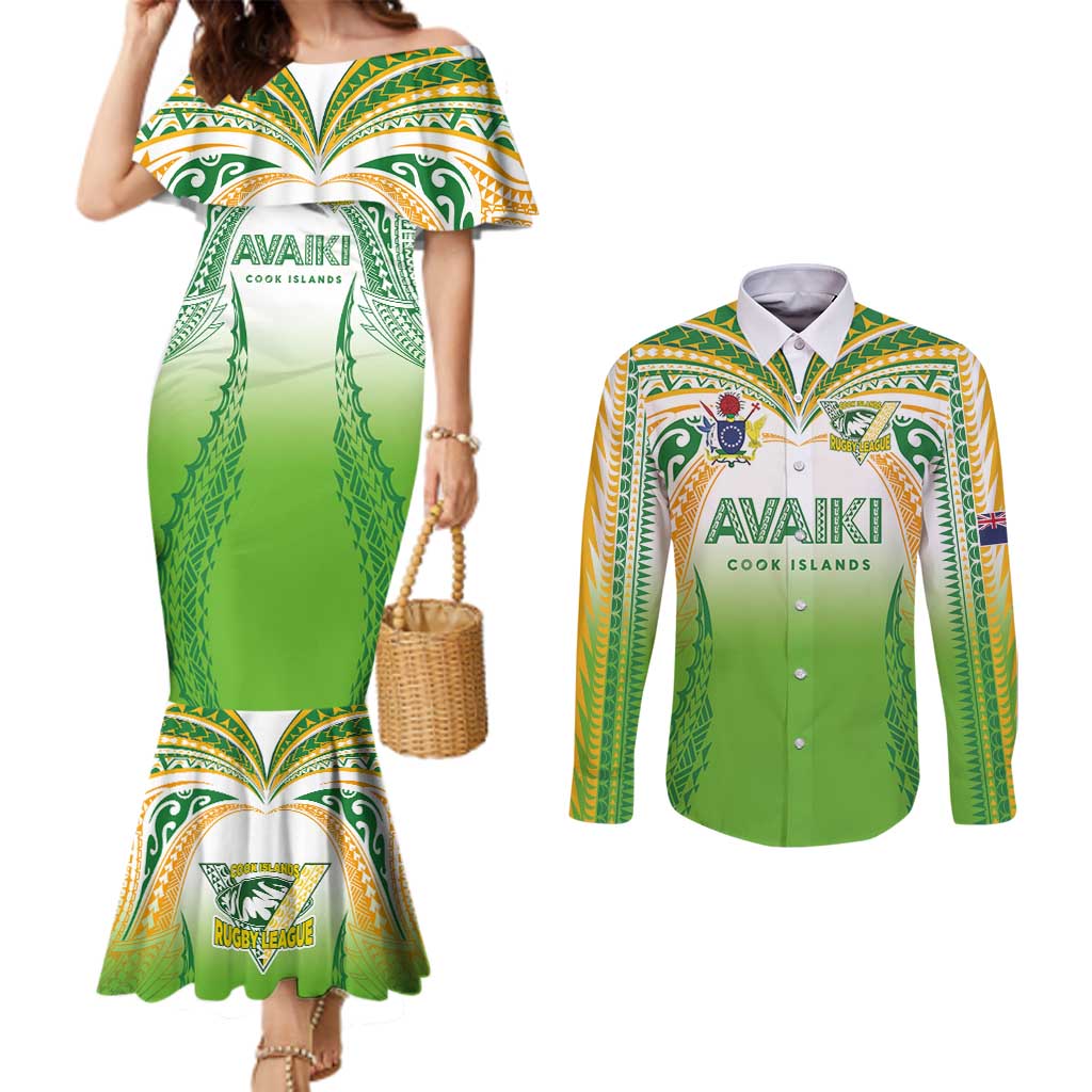 Custom Cook Islands Rugby League Couples Matching Mermaid Dress and Long Sleeve Button Shirt Avaiki Tatau Tribal Motifs White Color LT03 White - Polynesian Pride