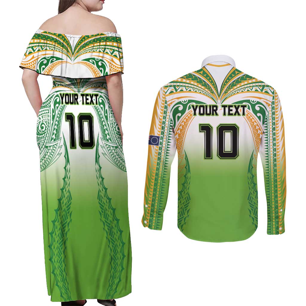 Custom Cook Islands Rugby League Couples Matching Off Shoulder Maxi Dress and Long Sleeve Button Shirt Avaiki Tatau Tribal Motifs White Color LT03 - Polynesian Pride