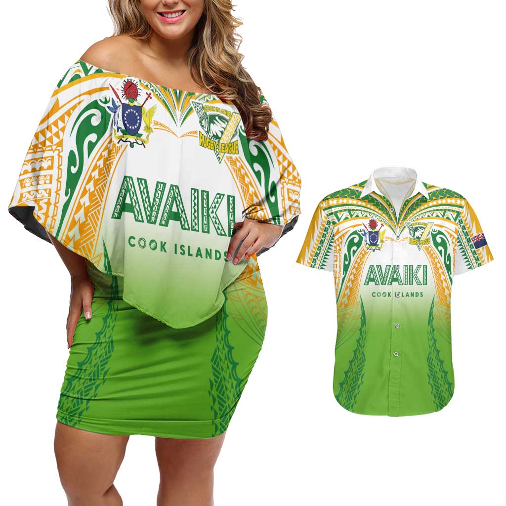 Custom Cook Islands Rugby League Couples Matching Off Shoulder Short Dress and Hawaiian Shirt Avaiki Tatau Tribal Motifs White Color - Polynesian Pride