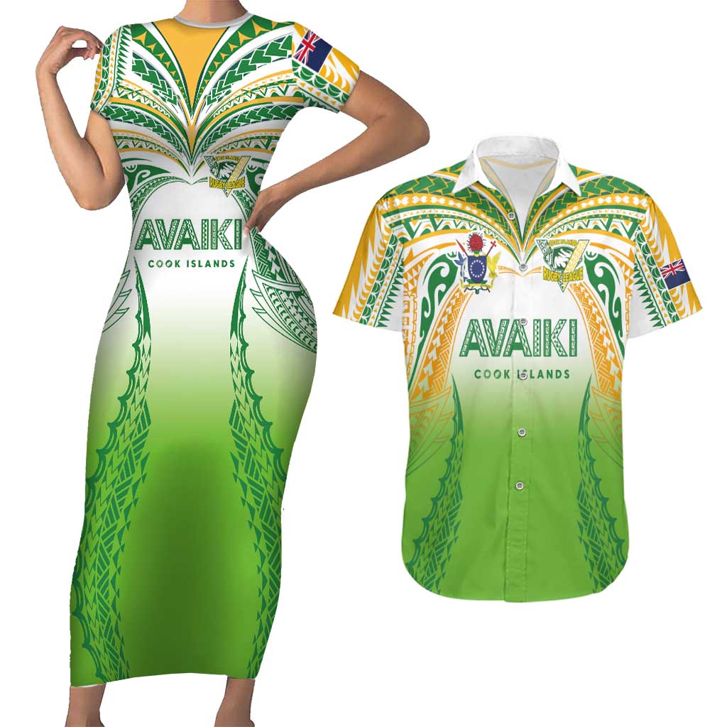Custom Cook Islands Rugby League Couples Matching Short Sleeve Bodycon Dress and Hawaiian Shirt Avaiki Tatau Tribal Motifs White Color - Polynesian Pride