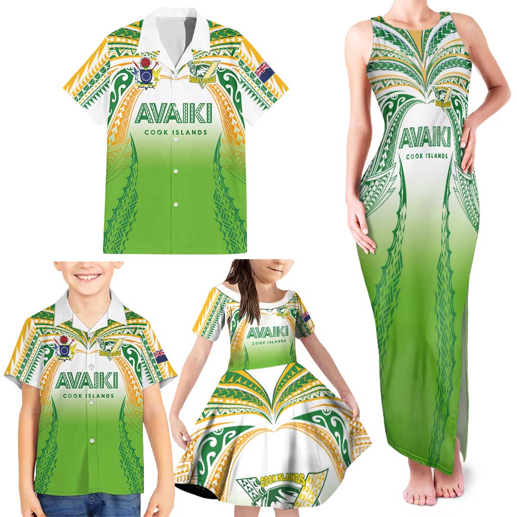 Custom Cook Islands Rugby League Family Matching Tank Maxi Dress and Hawaiian Shirt Avaiki Tatau Tribal Motifs White Color - Polynesian Pride