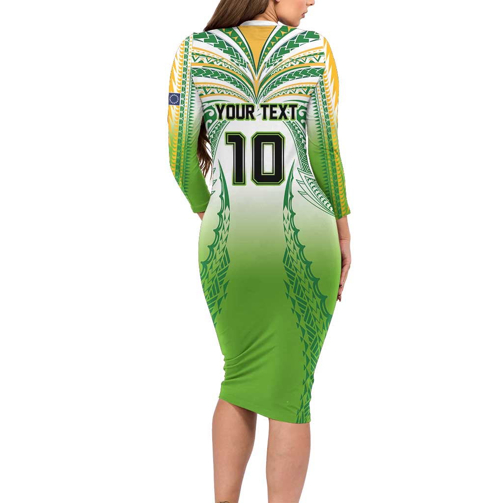 Custom Cook Islands Rugby League Long Sleeve Bodycon Dress Avaiki Tatau Tribal Motifs White Color LT03 - Polynesian Pride