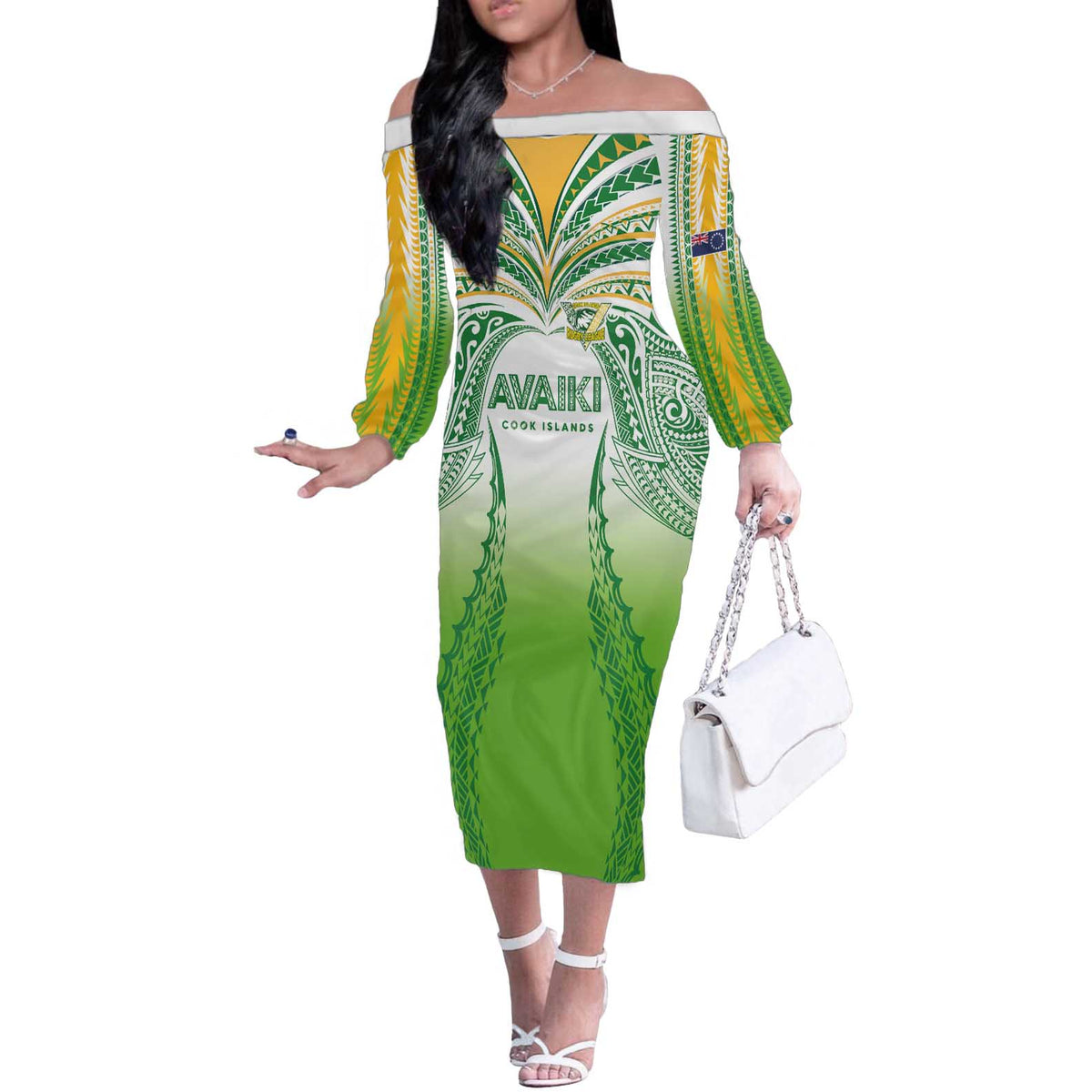 Custom Cook Islands Rugby League Off The Shoulder Long Sleeve Dress Avaiki Tatau Tribal Motifs White Color LT03 Women White - Polynesian Pride
