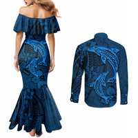 Polynesian Dolphin Valentine Day Couples Matching Mermaid Dress and Long Sleeve Button Shirt Hibiscus and Tribal Tattoo Blue Style LT03 - Polynesian Pride