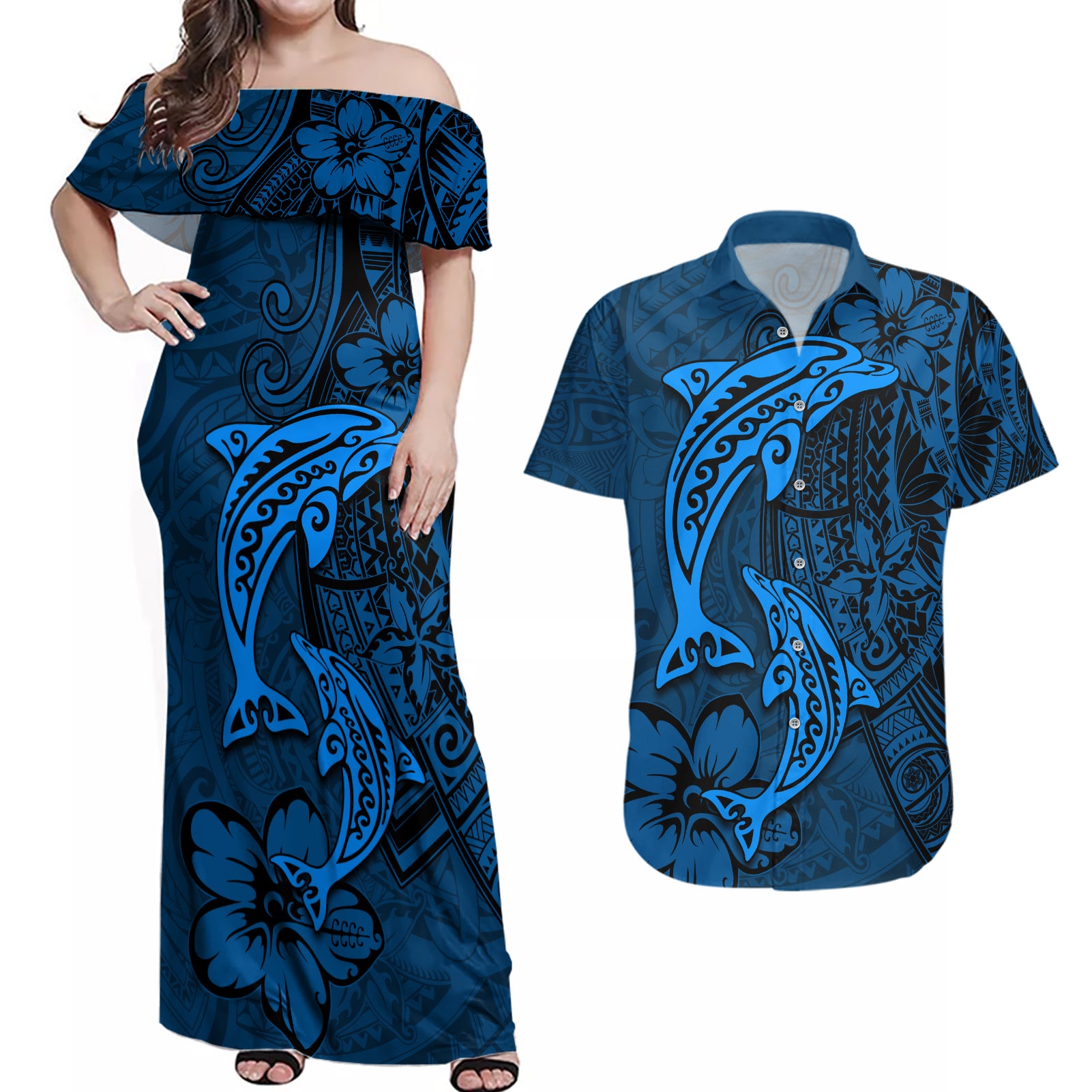 Polynesian Dolphin Valentine Day Couples Matching Off Shoulder Maxi Dress and Hawaiian Shirt Hibiscus and Tribal Tattoo Blue Style LT03 Blue - Polynesian Pride