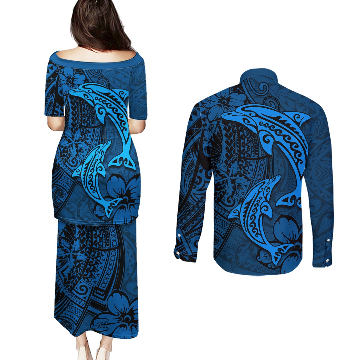 Polynesian Dolphin Valentine Day Couples Matching Puletasi and Long Sleeve Button Shirt Hibiscus and Tribal Tattoo Blue Style LT03 - Polynesian Pride