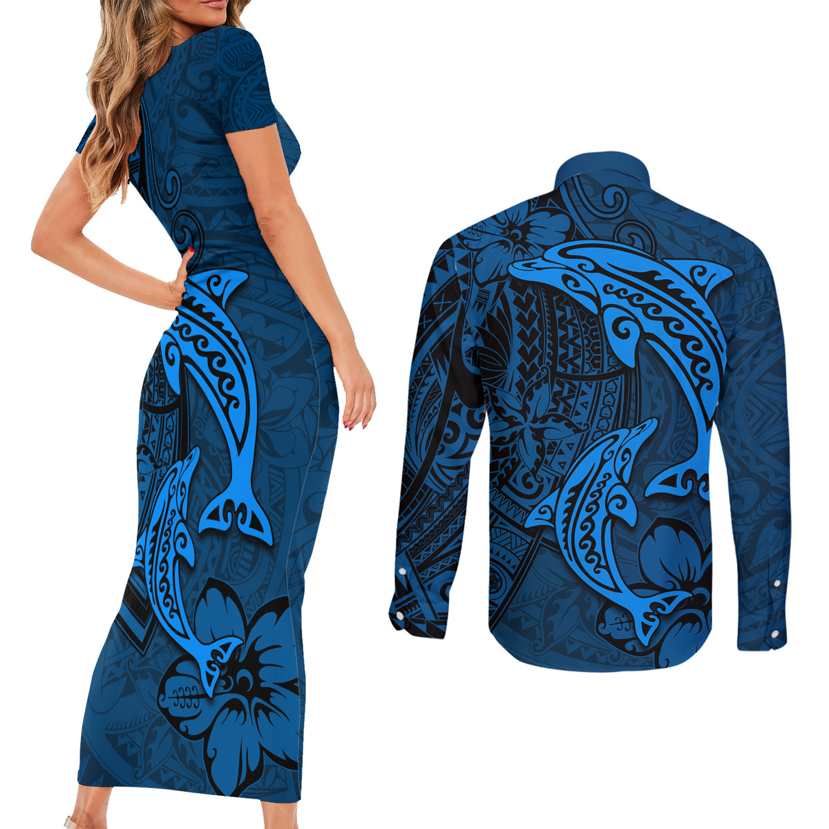 Polynesian Dolphin Valentine Day Couples Matching Short Sleeve Bodycon Dress and Long Sleeve Button Shirt Hibiscus and Tribal Tattoo Blue Style LT03 - Polynesian Pride