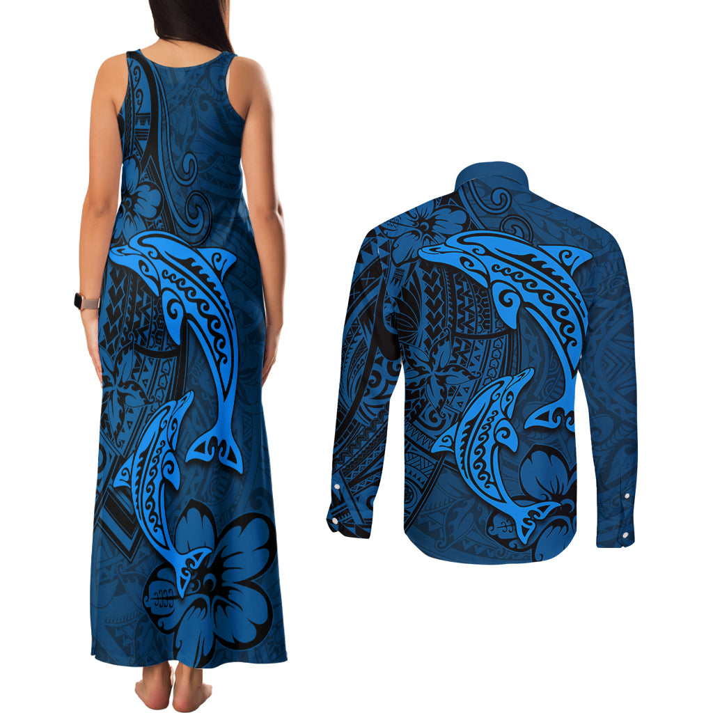 Polynesian Dolphin Valentine Day Couples Matching Tank Maxi Dress and Long Sleeve Button Shirt Hibiscus and Tribal Tattoo Blue Style LT03 - Polynesian Pride
