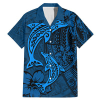 Polynesian Dolphin Valentine Day Family Matching Mermaid Dress and Hawaiian Shirt Hibiscus and Tribal Tattoo Blue Style LT03 Dad's Shirt - Short Sleeve Blue - Polynesian Pride