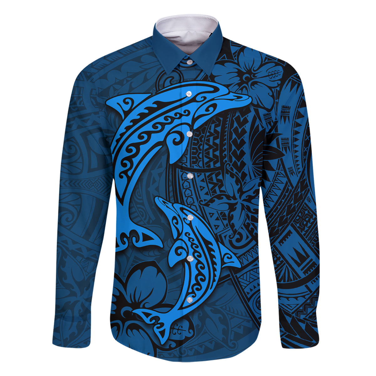 Polynesian Dolphin Valentine Day Family Matching Off Shoulder Maxi Dress and Hawaiian Shirt Hibiscus and Tribal Tattoo Blue Style LT03 Dad's Shirt - Long Sleeve Blue - Polynesian Pride