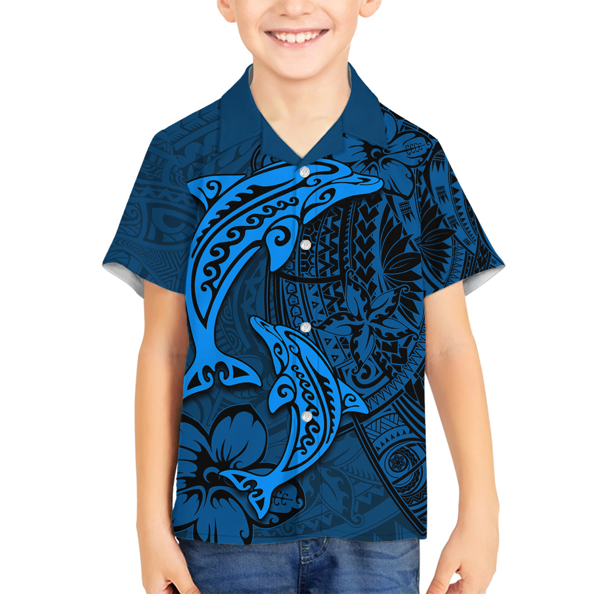 Polynesian Dolphin Valentine Day Family Matching Off Shoulder Maxi Dress and Hawaiian Shirt Hibiscus and Tribal Tattoo Blue Style LT03 Son's Shirt Blue - Polynesian Pride