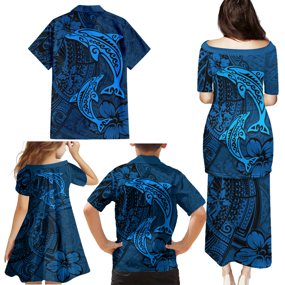 Polynesian Dolphin Valentine Day Family Matching Puletasi and Hawaiian Shirt Hibiscus and Tribal Tattoo Blue Style LT03 - Polynesian Pride