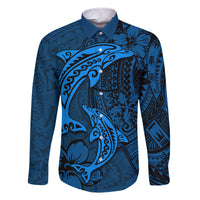 Polynesian Dolphin Valentine Day Family Matching Short Sleeve Bodycon Dress and Hawaiian Shirt Hibiscus and Tribal Tattoo Blue Style LT03 Dad's Shirt - Long Sleeve Blue - Polynesian Pride