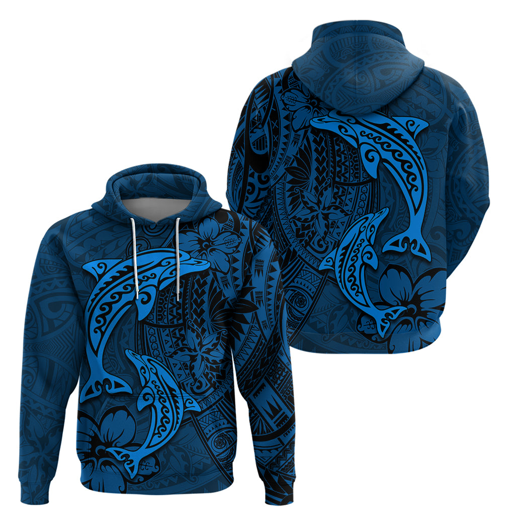 Polynesian Dolphin Valentine Day Hoodie Hibiscus and Tribal Tattoo Blue Style LT03 - Polynesian Pride