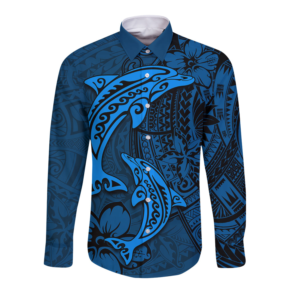 Polynesian Dolphin Valentine Day Long Sleeve Button Shirt Hibiscus and Tribal Tattoo Blue Style LT03 Unisex Blue - Polynesian Pride