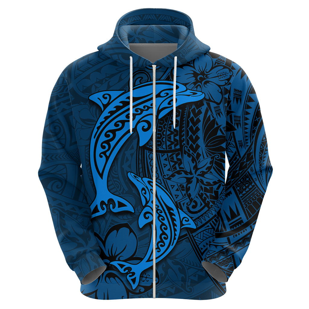 Polynesian Dolphin Valentine Day Zip Hoodie Hibiscus and Tribal Tattoo Blue Style LT03 - Polynesian Pride