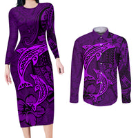 Polynesian Dolphin Valentine Day Couples Matching Long Sleeve Bodycon Dress and Long Sleeve Button Shirt Hibiscus and Tribal Tattoo Purple Style LT03 Purple - Polynesian Pride