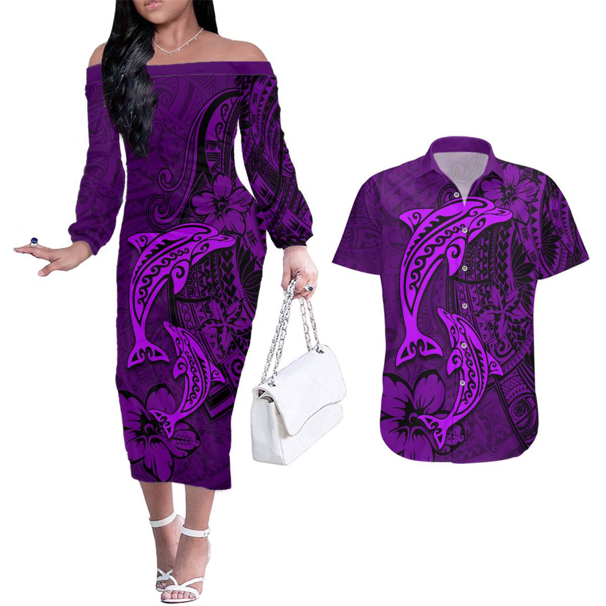 Polynesian Dolphin Valentine Day Couples Matching Off The Shoulder Long Sleeve Dress and Hawaiian Shirt Hibiscus and Tribal Tattoo Purple Style LT03 Purple - Polynesian Pride