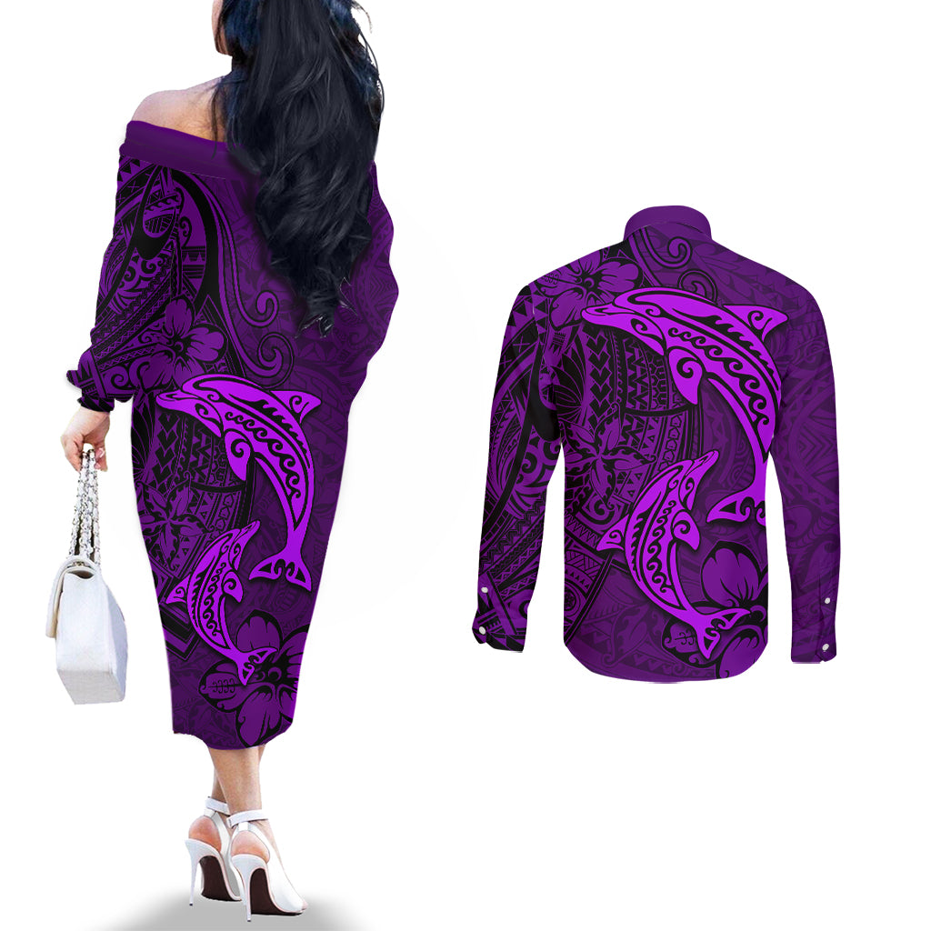 Polynesian Dolphin Valentine Day Couples Matching Off The Shoulder Long Sleeve Dress and Long Sleeve Button Shirt Hibiscus and Tribal Tattoo Purple Style LT03 - Polynesian Pride