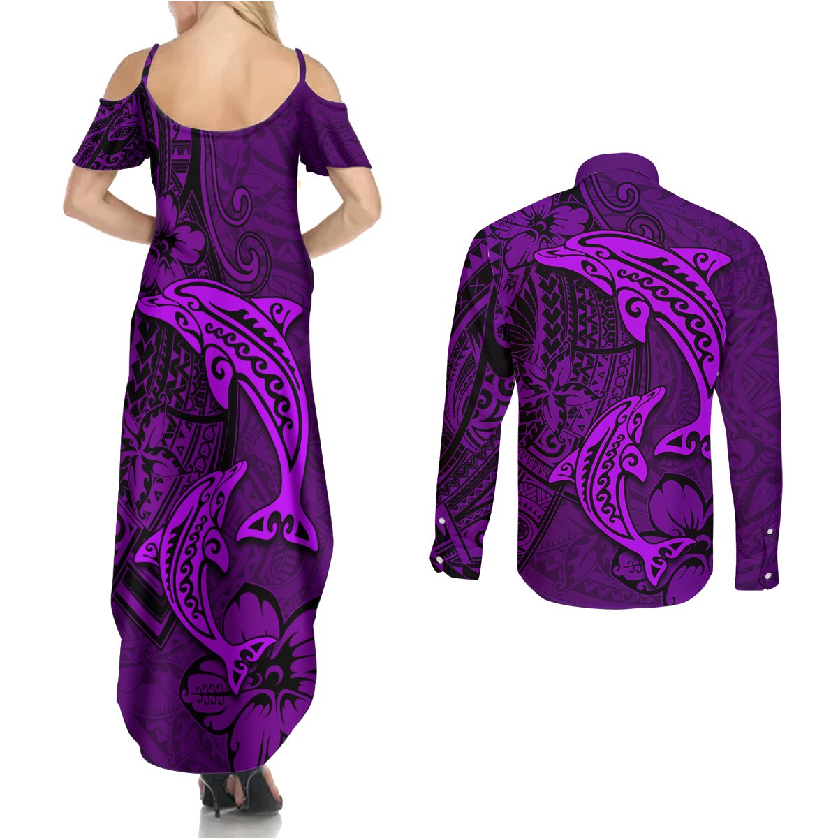 Polynesian Dolphin Valentine Day Couples Matching Summer Maxi Dress and Long Sleeve Button Shirt Hibiscus and Tribal Tattoo Purple Style LT03 - Polynesian Pride