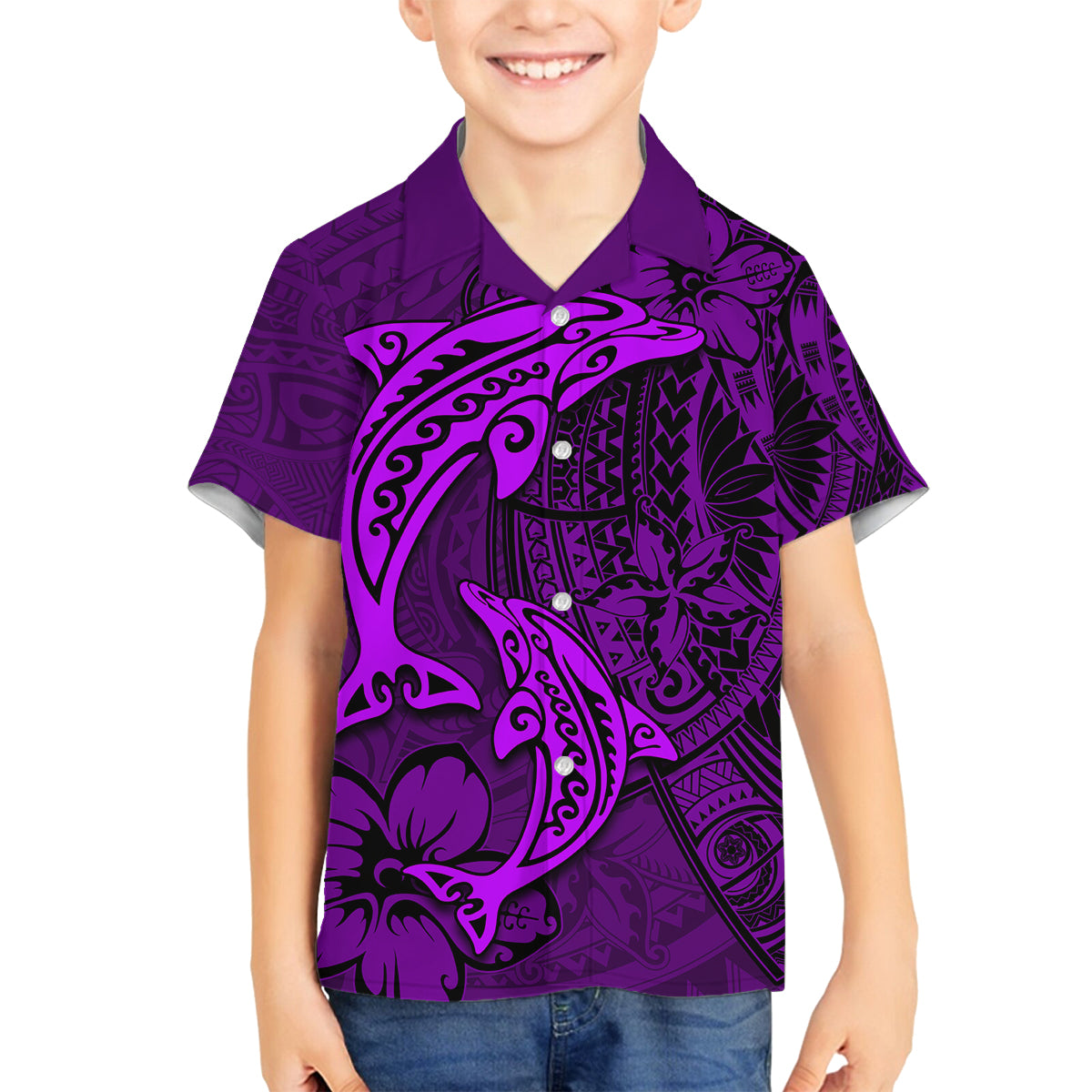Polynesian Dolphin Valentine Day Family Matching Summer Maxi Dress and Hawaiian Shirt Hibiscus and Tribal Tattoo Purple Style LT03 Son's Shirt Purple - Polynesian Pride