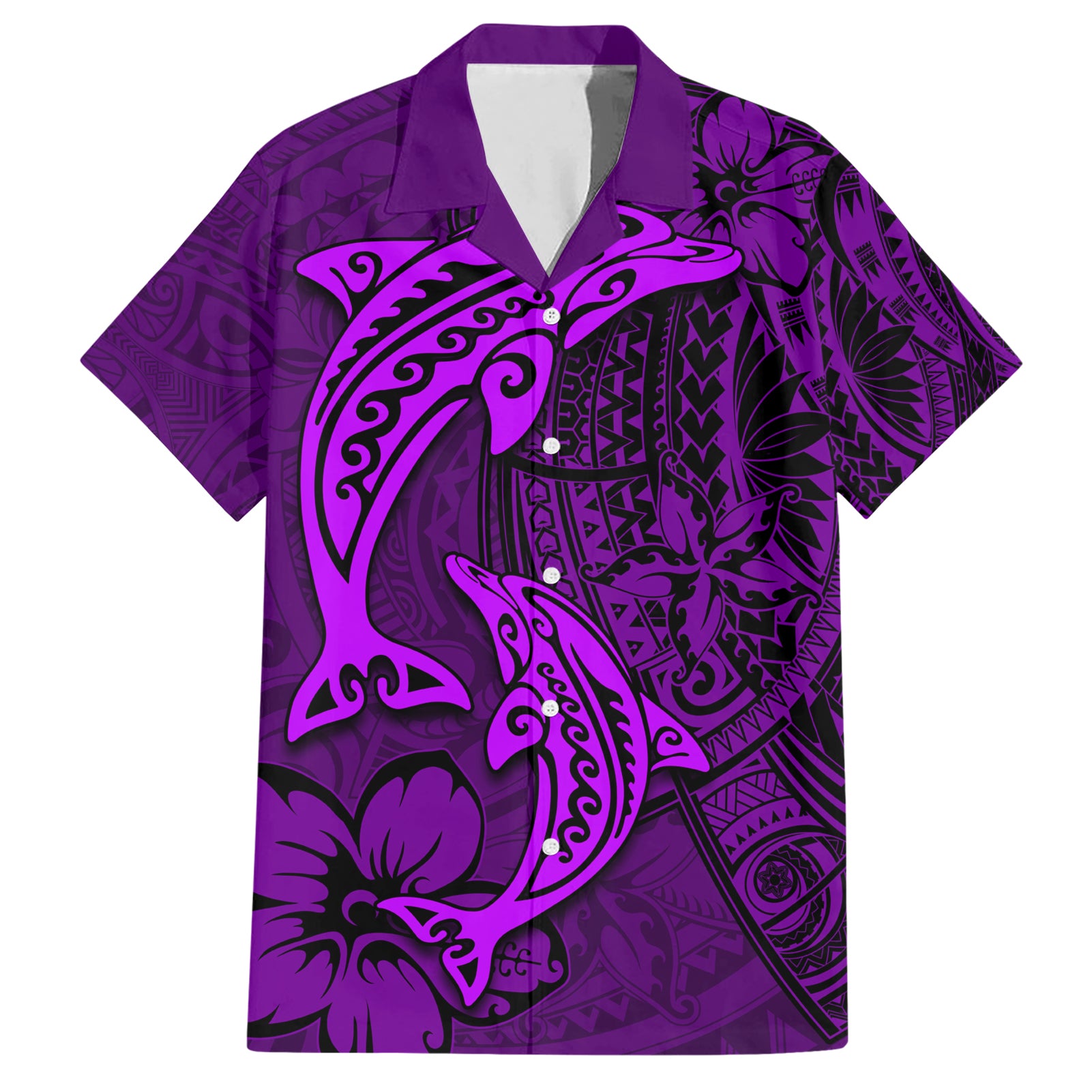 Polynesian Dolphin Valentine Day Hawaiian Shirt Hibiscus and Tribal Tattoo Purple Style LT03 Purple - Polynesian Pride