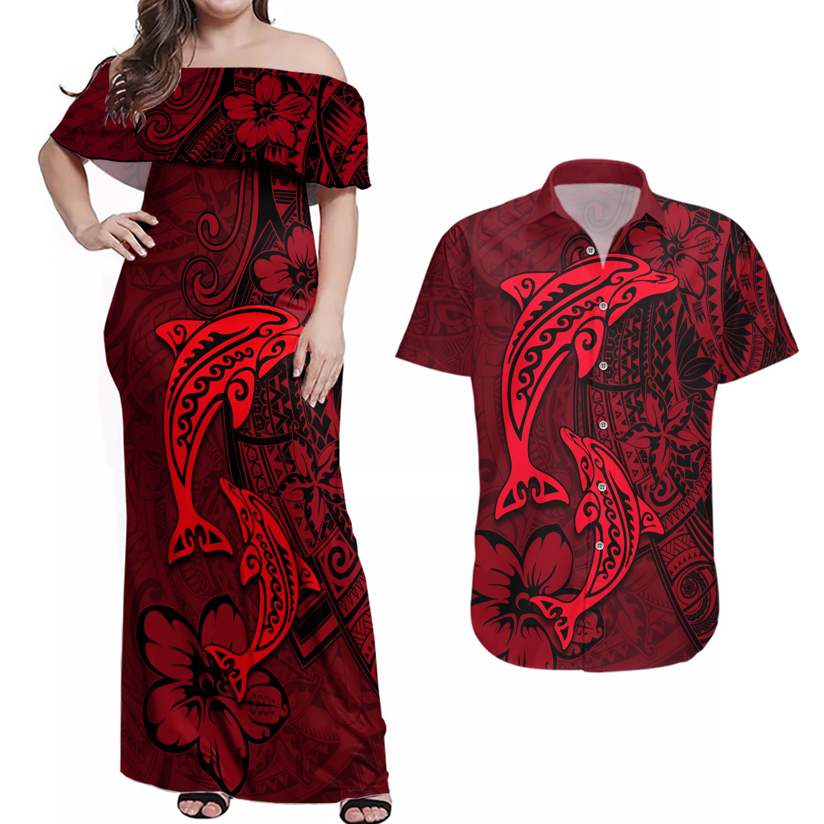 Polynesian Dolphin Valentine Day Couples Matching Off Shoulder Maxi Dress and Hawaiian Shirt Hibiscus and Tribal Tattoo Red Style LT03 Red - Polynesian Pride