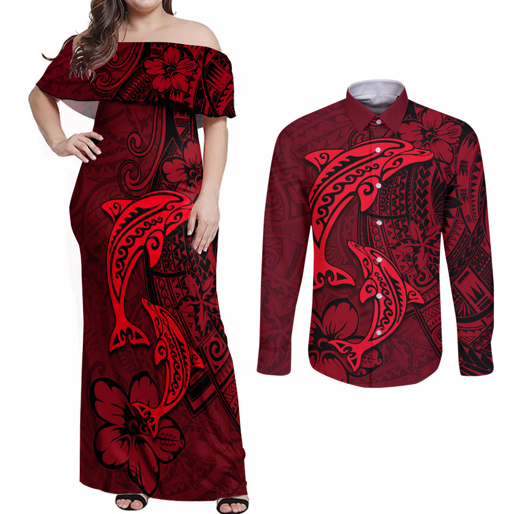 Polynesian Dolphin Valentine Day Couples Matching Off Shoulder Maxi Dress and Long Sleeve Button Shirt Hibiscus and Tribal Tattoo Red Style LT03 Red - Polynesian Pride