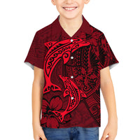 Polynesian Dolphin Valentine Day Family Matching Long Sleeve Bodycon Dress and Hawaiian Shirt Hibiscus and Tribal Tattoo Red Style LT03 Son's Shirt Red - Polynesian Pride