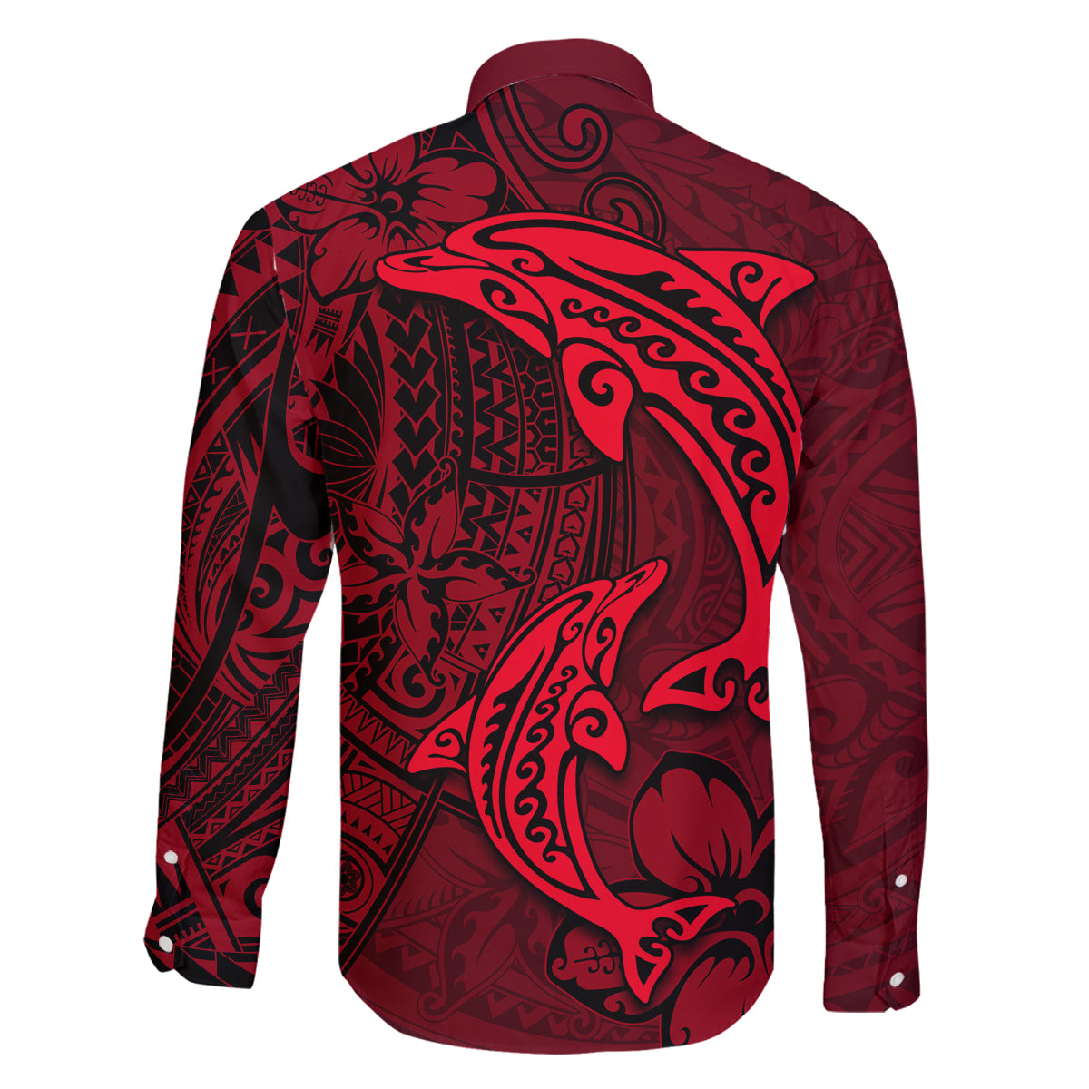 Polynesian Dolphin Valentine Day Family Matching Mermaid Dress and Hawaiian Shirt Hibiscus and Tribal Tattoo Red Style LT03 - Polynesian Pride