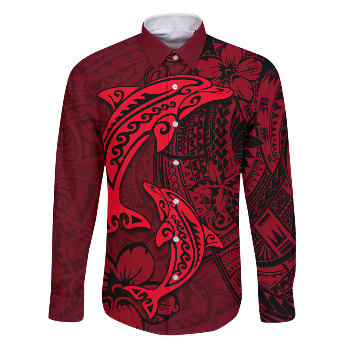 Polynesian Dolphin Valentine Day Family Matching Off Shoulder Long Sleeve Dress and Hawaiian Shirt Hibiscus and Tribal Tattoo Red Style LT03 Dad's Shirt - Long Sleeve Red - Polynesian Pride