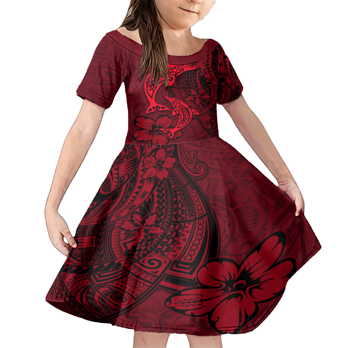 Polynesian Dolphin Valentine Day Family Matching Off Shoulder Maxi Dress and Hawaiian Shirt Hibiscus and Tribal Tattoo Red Style LT03 Daughter's Dress Red - Polynesian Pride