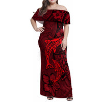 Polynesian Dolphin Valentine Day Family Matching Off Shoulder Maxi Dress and Hawaiian Shirt Hibiscus and Tribal Tattoo Red Style LT03 Mom's Dress Red - Polynesian Pride