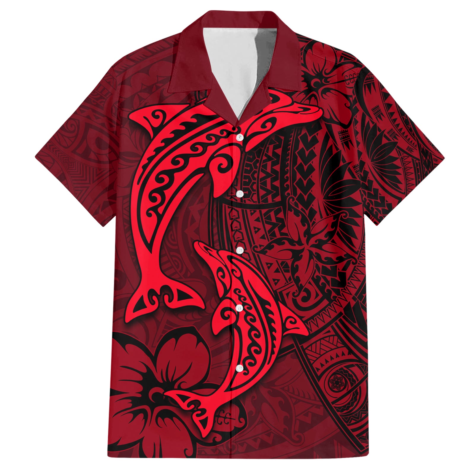 Polynesian Dolphin Valentine Day Hawaiian Shirt Hibiscus and Tribal Tattoo Red Style LT03 Red - Polynesian Pride