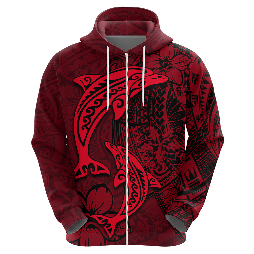 Polynesian Dolphin Valentine Day Hoodie Hibiscus and Tribal Tattoo Red Style LT03 - Polynesian Pride