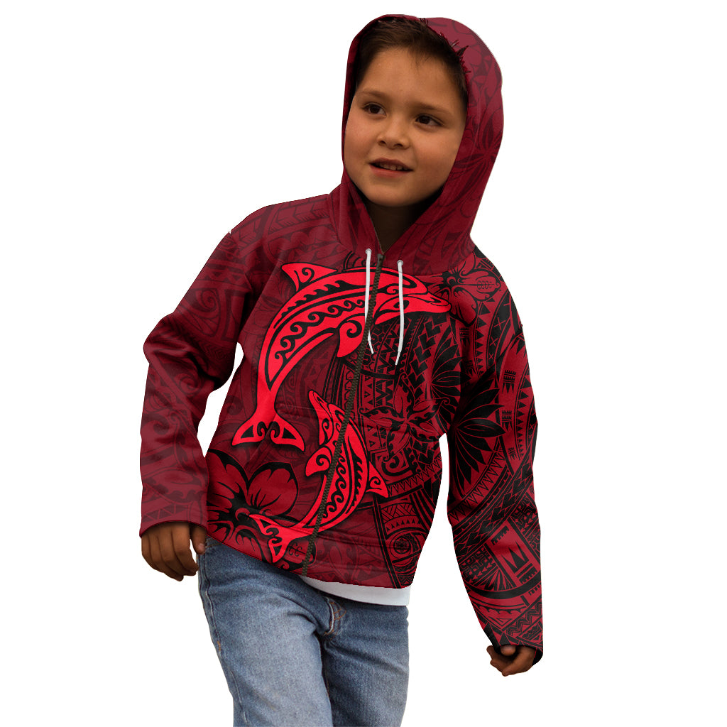 Polynesian Dolphin Valentine Day Kid Hoodie Hibiscus and Tribal Tattoo Red Style LT03 - Polynesian Pride