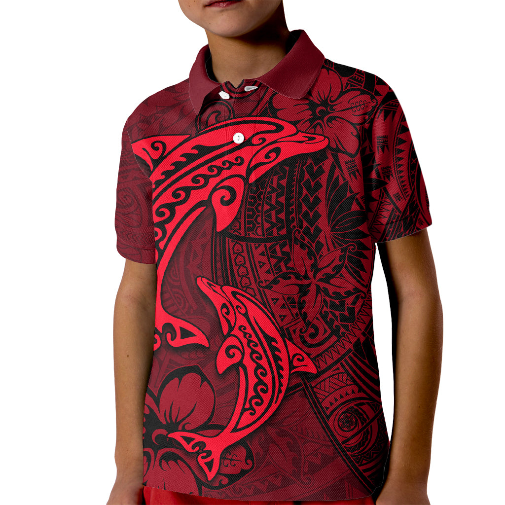 Polynesian Dolphin Valentine Day Kid Polo Shirt Hibiscus and Tribal Tattoo Red Style LT03 Kid Red - Polynesian Pride