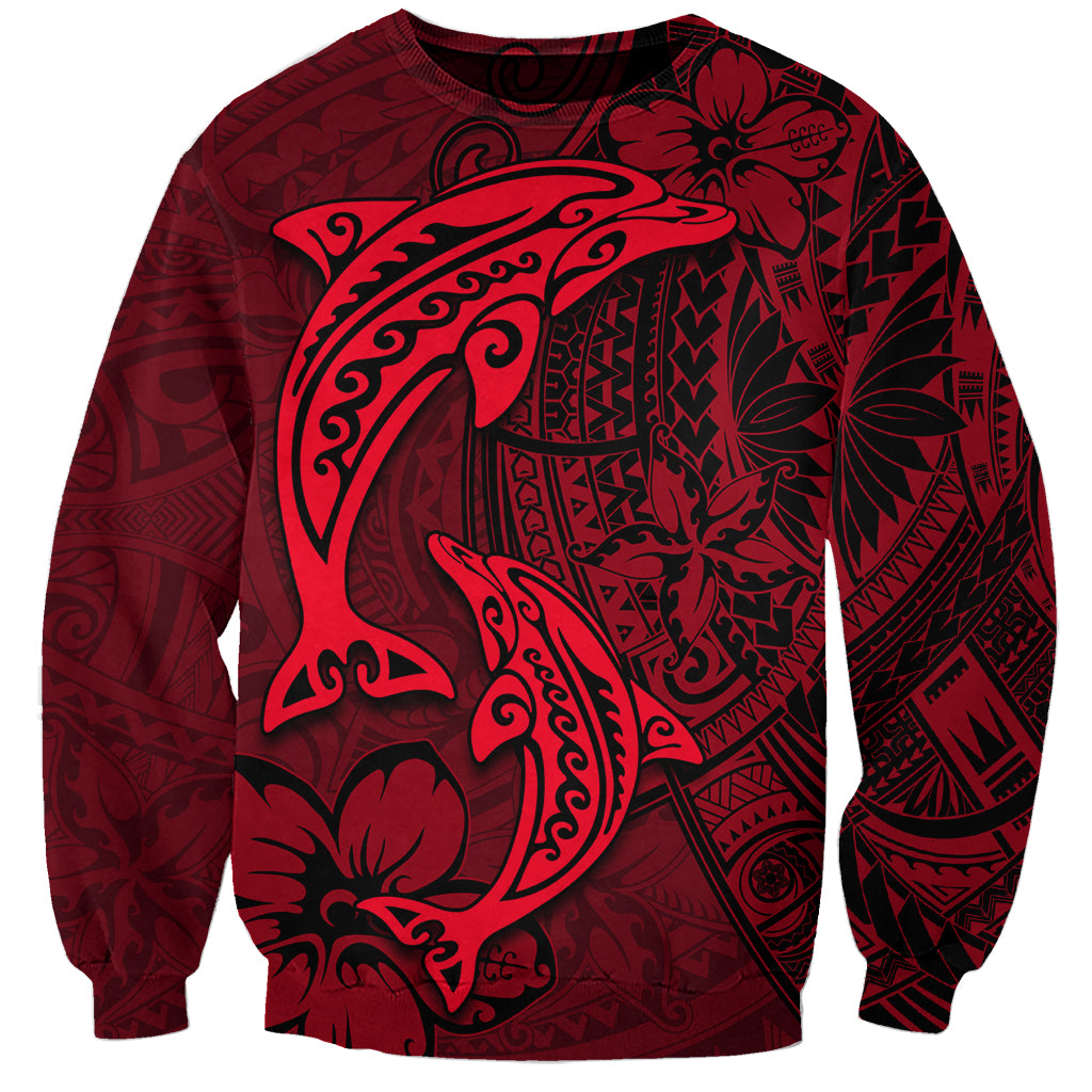 Polynesian Dolphin Valentine Day Sweatshirt Hibiscus and Tribal Tattoo Red Style LT03 Unisex Red - Polynesian Pride
