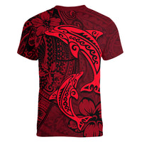 Polynesian Dolphin Valentine Day Women V Neck T Shirt Hibiscus and Tribal Tattoo Red Style LT03 - Polynesian Pride