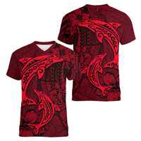 Polynesian Dolphin Valentine Day Women V Neck T Shirt Hibiscus and Tribal Tattoo Red Style LT03 - Polynesian Pride