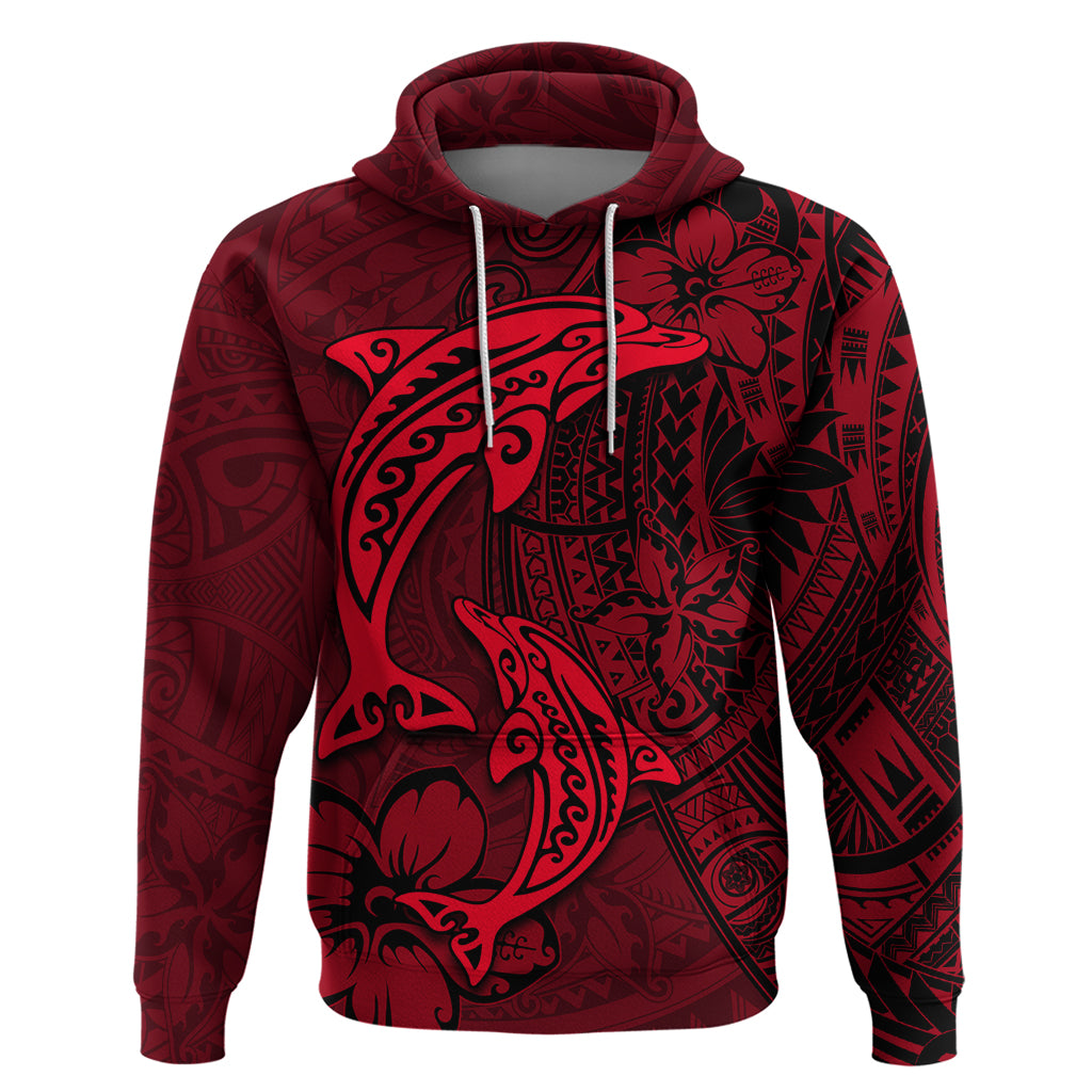 Polynesian Dolphin Valentine Day Zip Hoodie Hibiscus and Tribal Tattoo Red Style LT03 Pullover Hoodie Red - Polynesian Pride